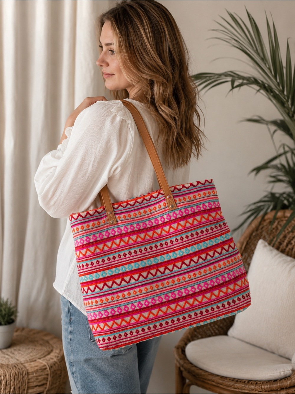 Boho Woven Geometric Stripe Tote Bag | Colorful Beach Market Shoulder Bag